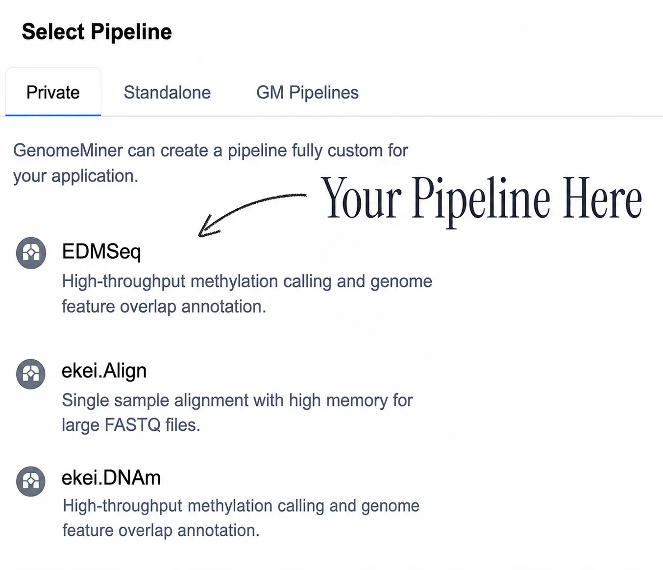 GenomeMiner pipeline selection showing private custom pipelines including EDMSeq, ekei.Align, and ekei.DNAm